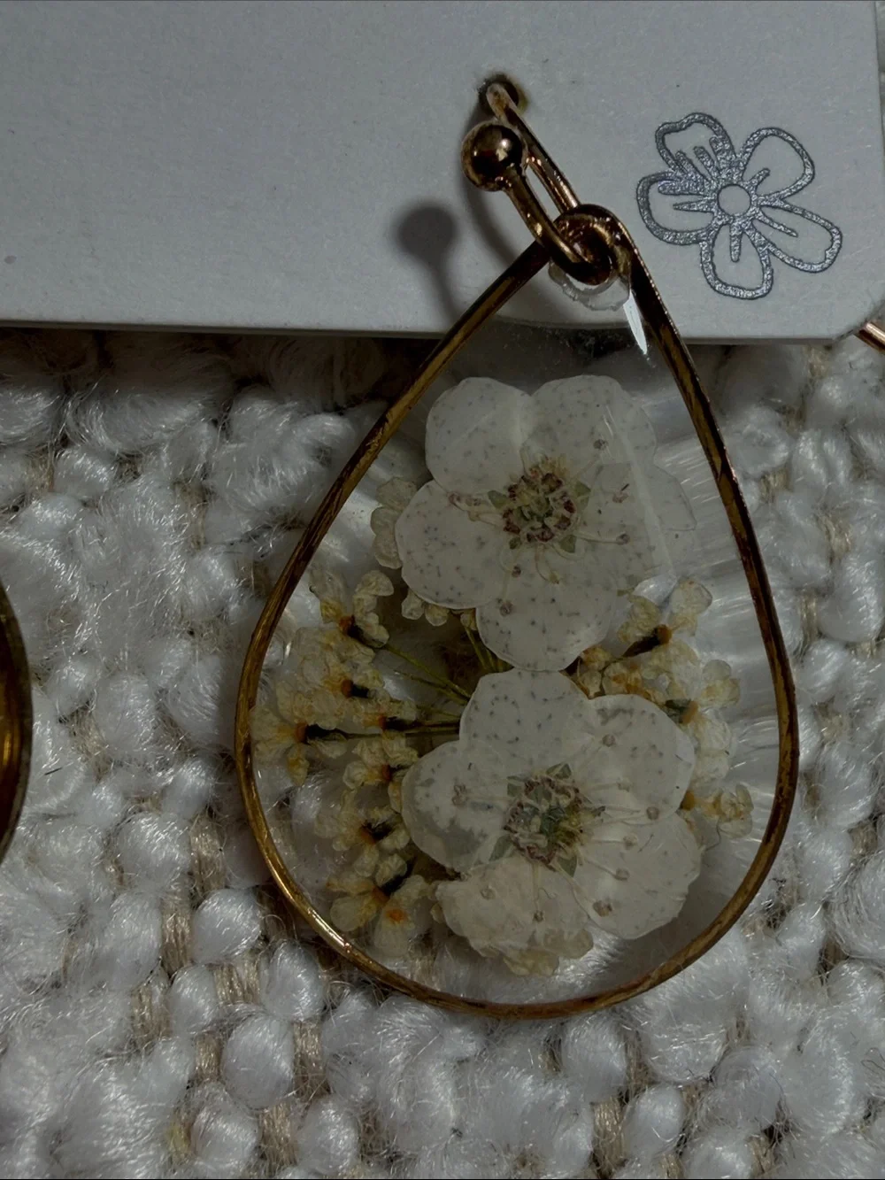 Stainless Steel White Floral Teardrop Earrings